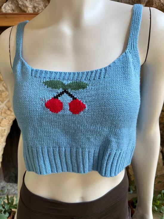 Unbranded Tops - Cherry Knit Blue Tank Crop Top Women’s Size Large